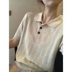 レトロな日本製襟リネン半袖シャツ女性の夏スリムフィットショートアイスシルクセータートップ
