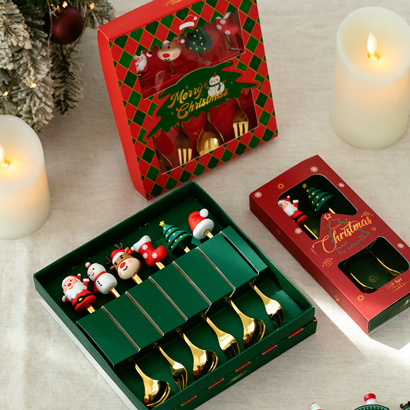 Cuchilleras de acero inoxidable transfronterizas muñecas de Navidad cucharas y tenedores juegos de regalo de café cucharas de postre horquilla de fruta pastel image 3