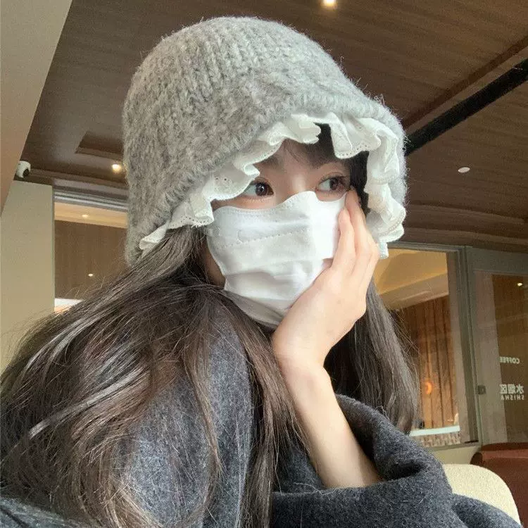 渔夫帽女秋冬季韩系蕾丝花边针织甜美百搭毛线帽保暖显脸小盆帽