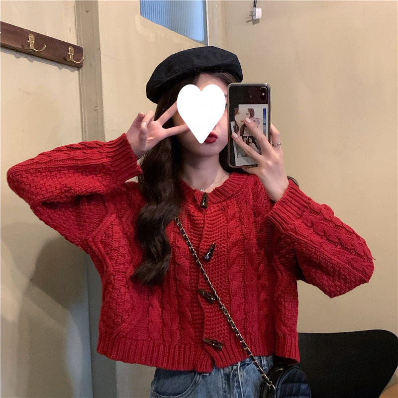 Suéter rojo mujer otoño e invierno con un sentido de diseño nicho retro suave perezoso chaqueta de punto de manga larga en...