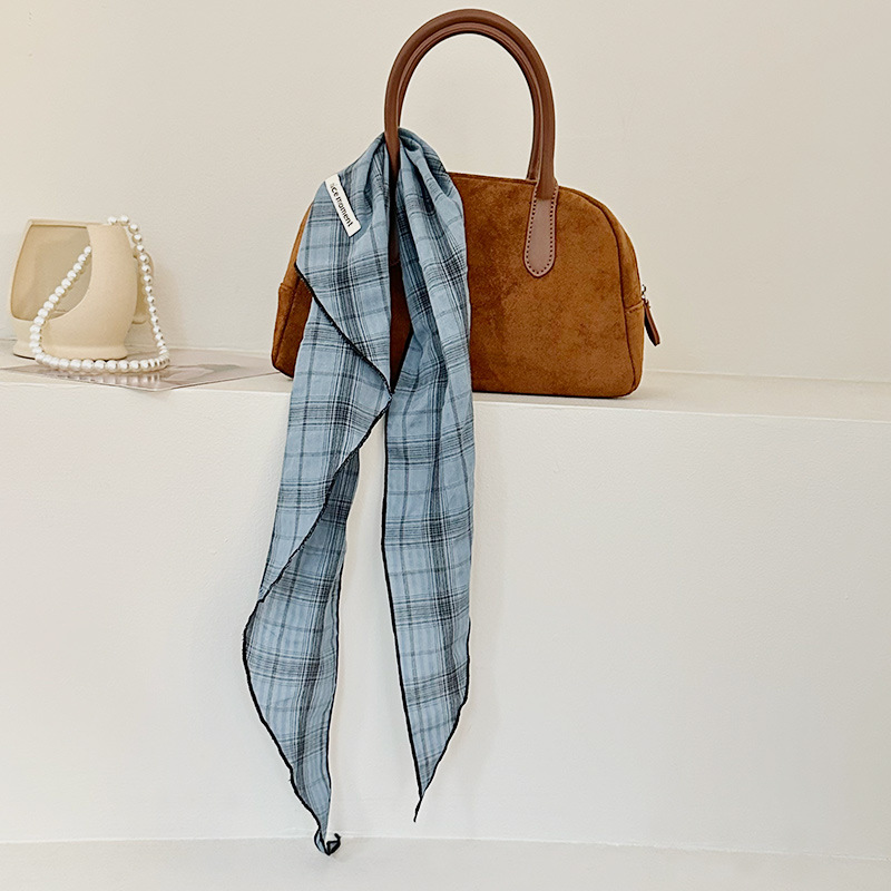Bufanda triangular para mujer, estilo fino de primavera y verano, bufanda de seda literaria retro, bufanda para el cuello, pañuelo japonés a cuadros de algodón y lino, cinturón para el cabello, cabello atado