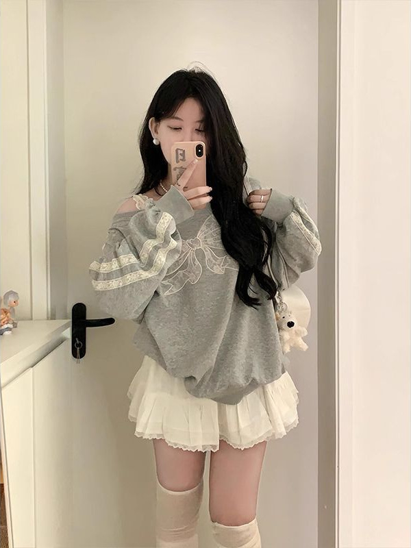 美式蕾丝蝴蝶结斜肩灰色卫衣女2025新款宽松慵懒风露肩长袖上衣服|undefined
