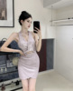 V-neck glittering， royal sister hanging neck， backless design， sense of dress， dazzling belly， nightclub short