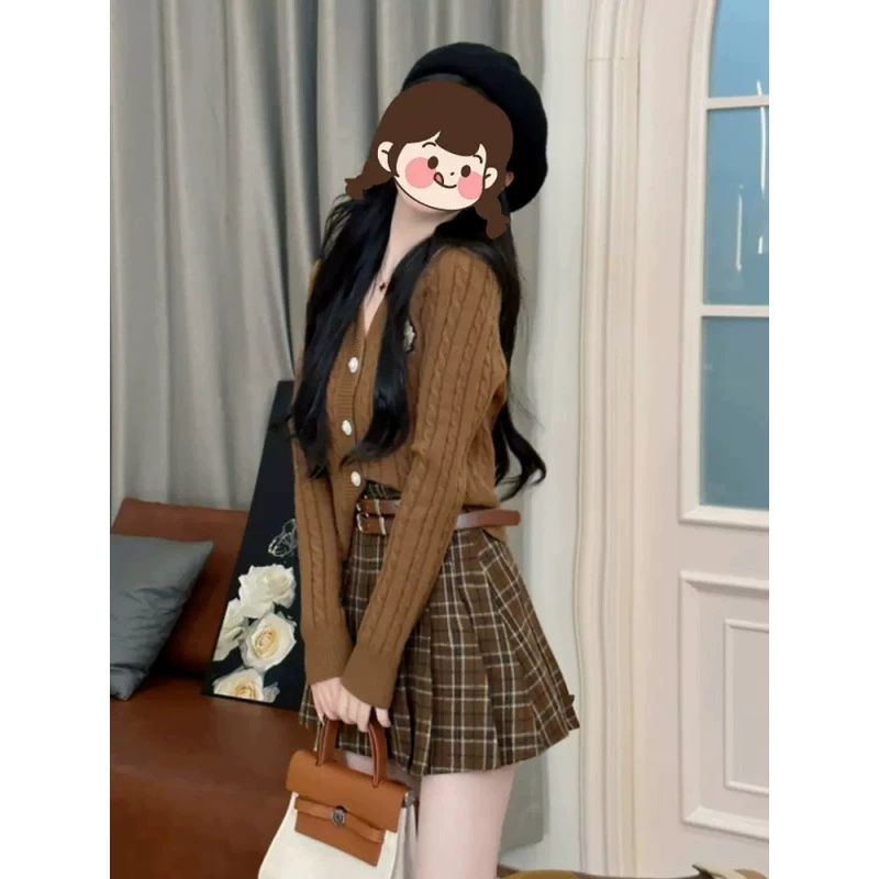 Зимний модный свитер, кардиган, плиссированная юбка, комплект, городской стиль