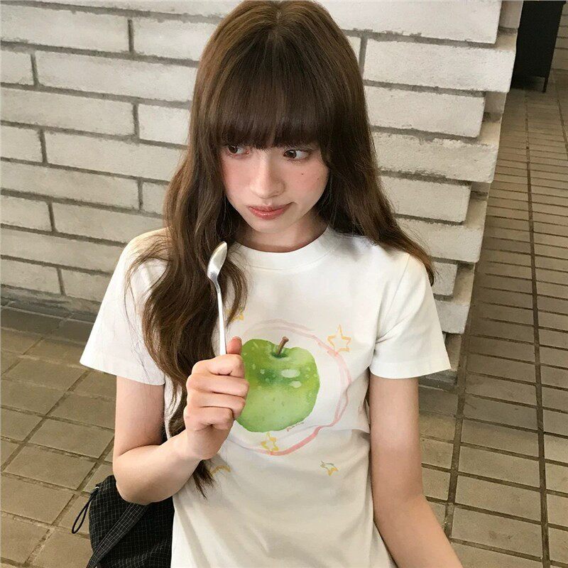 Zm Summer Refreshing Apple Print Short-Sleeved T-Shirt Women's Summer New Casual Round Neck Slim Fit Top Zm Summer Refreshing Apple Print Short-Sleeved T-Shirt Women's Summer New Casual Round Neck Slim Fit Top