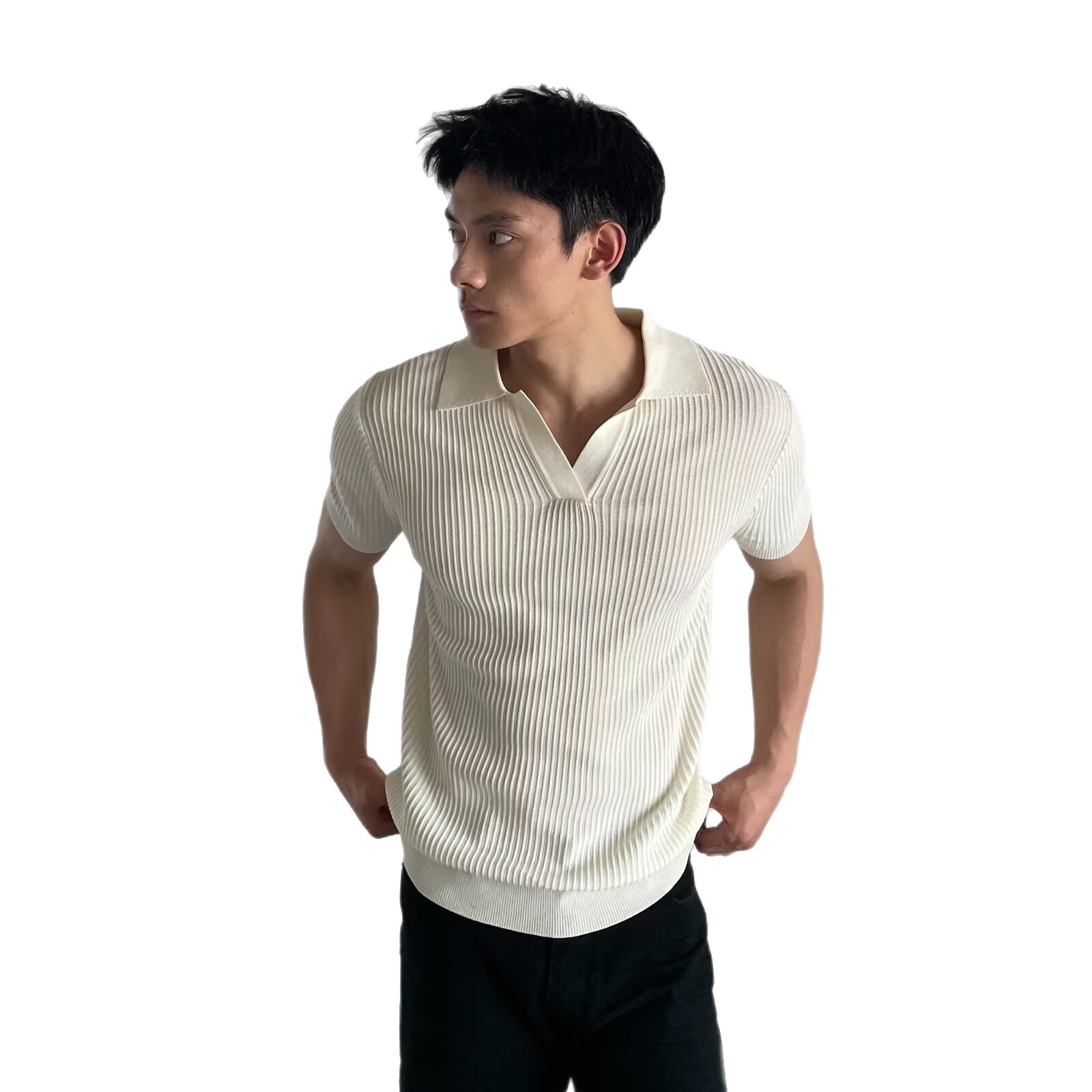 Camisa POLO suéter de manga corta con cuello en V para hombre, estilo de negocios delgado, solapa, rayas, seda de hielo, transpirable, comercio exterior transfronterizo al por mayor