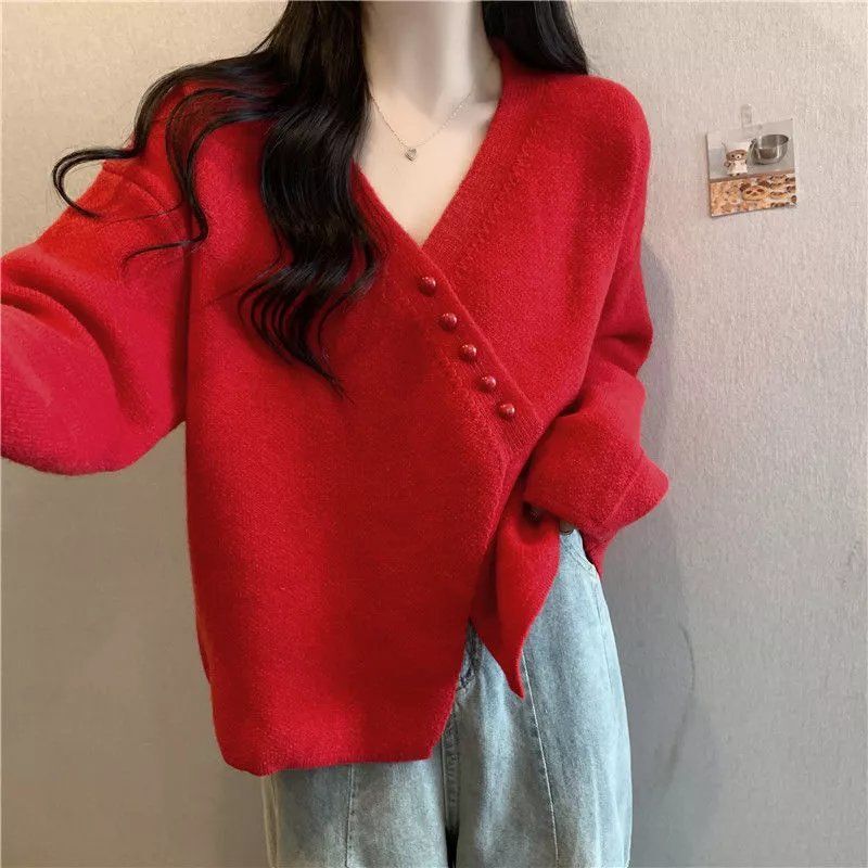 Winter New thickened design irregular oblique breasted V-neck sweater women's plus size women's cardigan knitted coat Winter New thickened design irregular oblique breasted V-neck sweater women's plus size women's cardigan knitted coat
