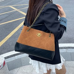小香风麂皮拼菱格托特包女大容量2025新款链条包复古流浪腋下包