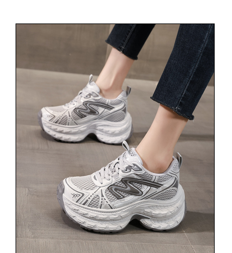 Giày sneaker nữ chunky đế dày lưới thoáng khí, tăng chiều cao — Xám đen chi tiết 12