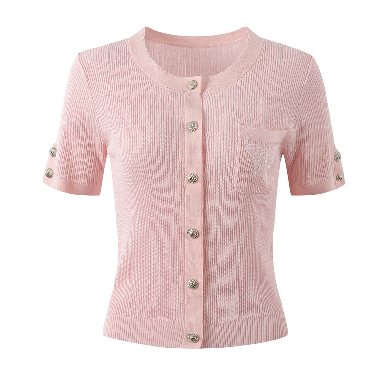 2026 Summer New Design Butterfly Embroidery Slim Fit Round Neck Single-Breasted Knitted Cardigan Top