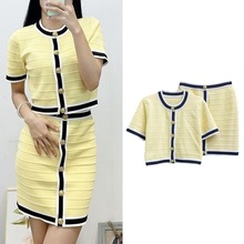 法式女装小香风时尚套装金扣撞色圆领短袖针织衫女+半身裙两件套