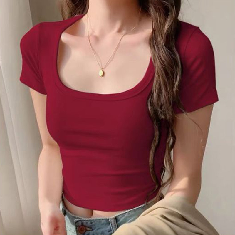 Red Pure Cotton U-Neck Short-Sleeve Crop Top for Women, Slim Fit, American Style, Summer Fashion Red Pure Cotton U-Neck Short-Sleeve Crop Top for Women, Slim Fit, American Style, Summer Fashion