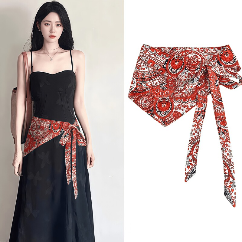 2025 New Summer Style Red Cashew Flower Women's Scarf Printed Skirt Curtain Waist Scarf Layered with Short Skirt and Small Shawl