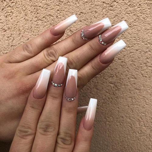 European and American long ballet gradient ins wind pile diamond fake nails white long French ladies special manicure nails