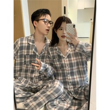 跨境专供外贸女士韩版春秋休闲简约情侣灰白格男女同款家居服套装