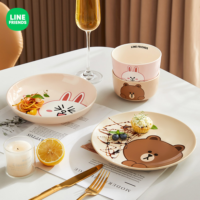 ブラウンベア漫画風セラミックボウル 家庭用スープボウル 子供用ボウルとプレート食器セット 高品質ご飯茶碗 一件代発|undefined