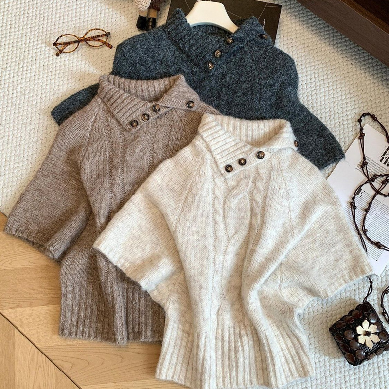 New Korean-style retro, chic, and elegant sweater with a slanted collar and mid-length sleeves, perfect for autumn, offering a loose and relaxed fit, and versatile for pairing with various outfits New Korean-style retro, chic, and elegant sweater with a slanted collar and mid-length sleeves, perfect for autumn, offering a loose and relaxed fit, and versatile for pairing with various outfits