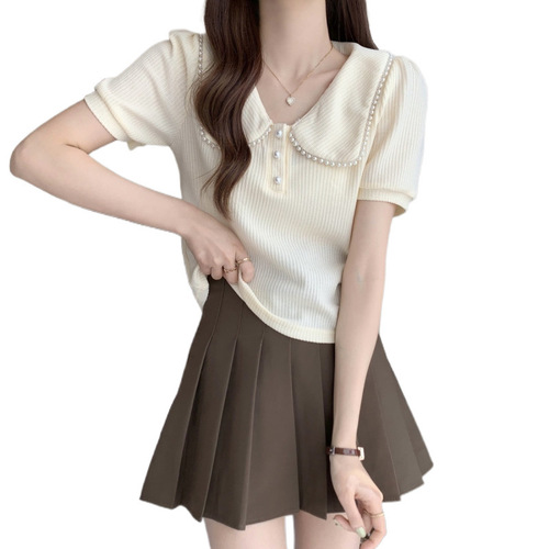 French-style ruffle neckline beaded short-sleeve women's summer top for plus-size sisters, design-conscious slim-fit short-length top