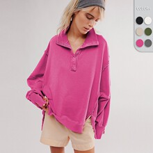 2025亚马逊爆款设计感女装高品质灯笼袖装饰线条开叉翻领宽松卫衣