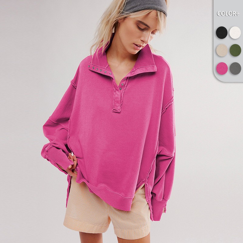 2025 Amazon's Hottest Design Women's High-Quality Lantern Sleeves Decorative Lines Slit Lapel Loose Sweatshirt