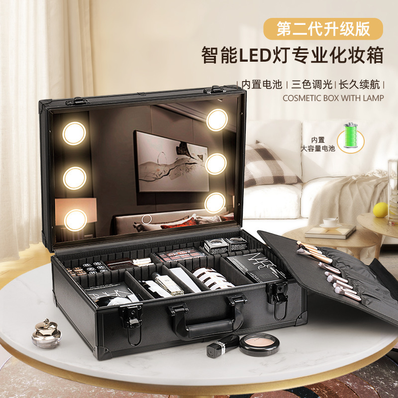 Portable Cosmetic Case Large Capacity Makeup Follower Cosmetic Nail Embroidery Storage Case with Mirror and Light