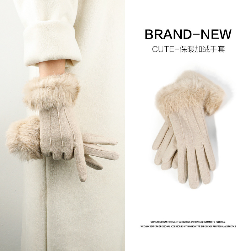 Cross-Border Export Wool Wool High-End Cashmere Gloves for Women in Winter Fleece-Lined to Heattech While Driving and Cycling Cute Gloves