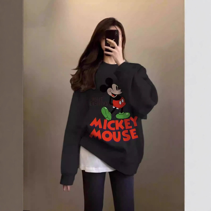 Cute Mickey Mouse Cartoon Velvet Thickeneded Sweatshirt for Women Autumn and Winter Korean Style Loose Casual Slim Top for Small People