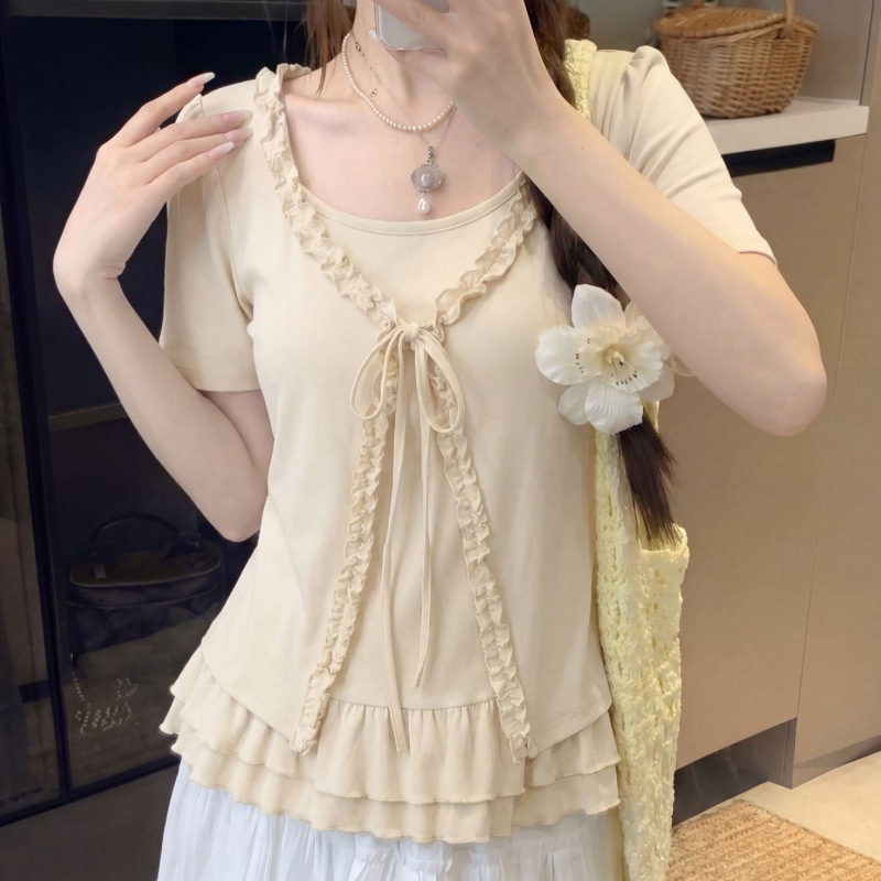 Plus-Size 2026 Summer New Style Fake Two-Piece Shirt with Design Features, Shoulder Ruffles, Slimming Effect, Short-Sleeve Top