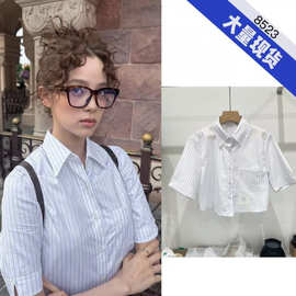 欧阳娜娜同款白色条纹领短袖衬衫女夏学院风休闲百搭短款上衣