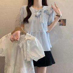 貿易購入蝶結びレースパフスリーブシャツレディースサマーデザインプリーツストラップシャツレディーストップス夏