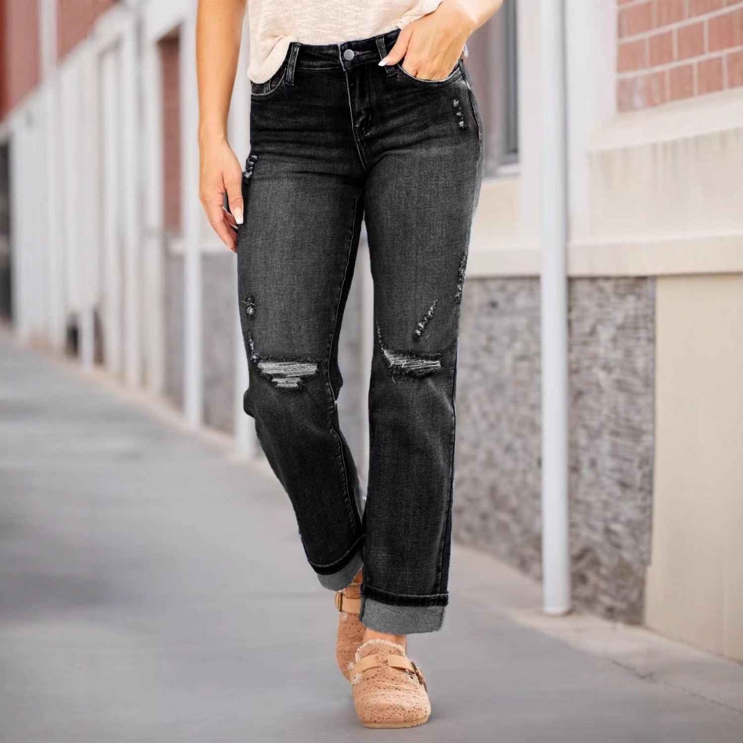 Women's Mid-Rise Straight Leg Jeans - Comfortable Distressed Denim Pants With Sandwashed Finish For Casual & Streetwear_ecoleips.com