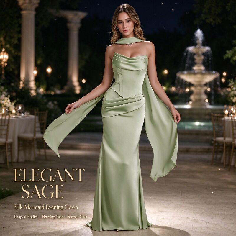 European and American Amazon satin strapless mermaid dress, slim fit, waist-cinching, elegant evening gown for banquets, parties, and weddings