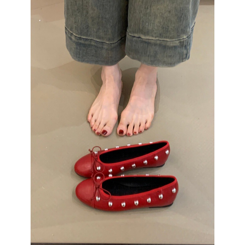 Flat Ballet Shoes for Women 2026 Spring French Sweet Style with Heart-Shaped Rivets, Bow, Round Toe, Shallow Mouth, Soft Sole Shoes