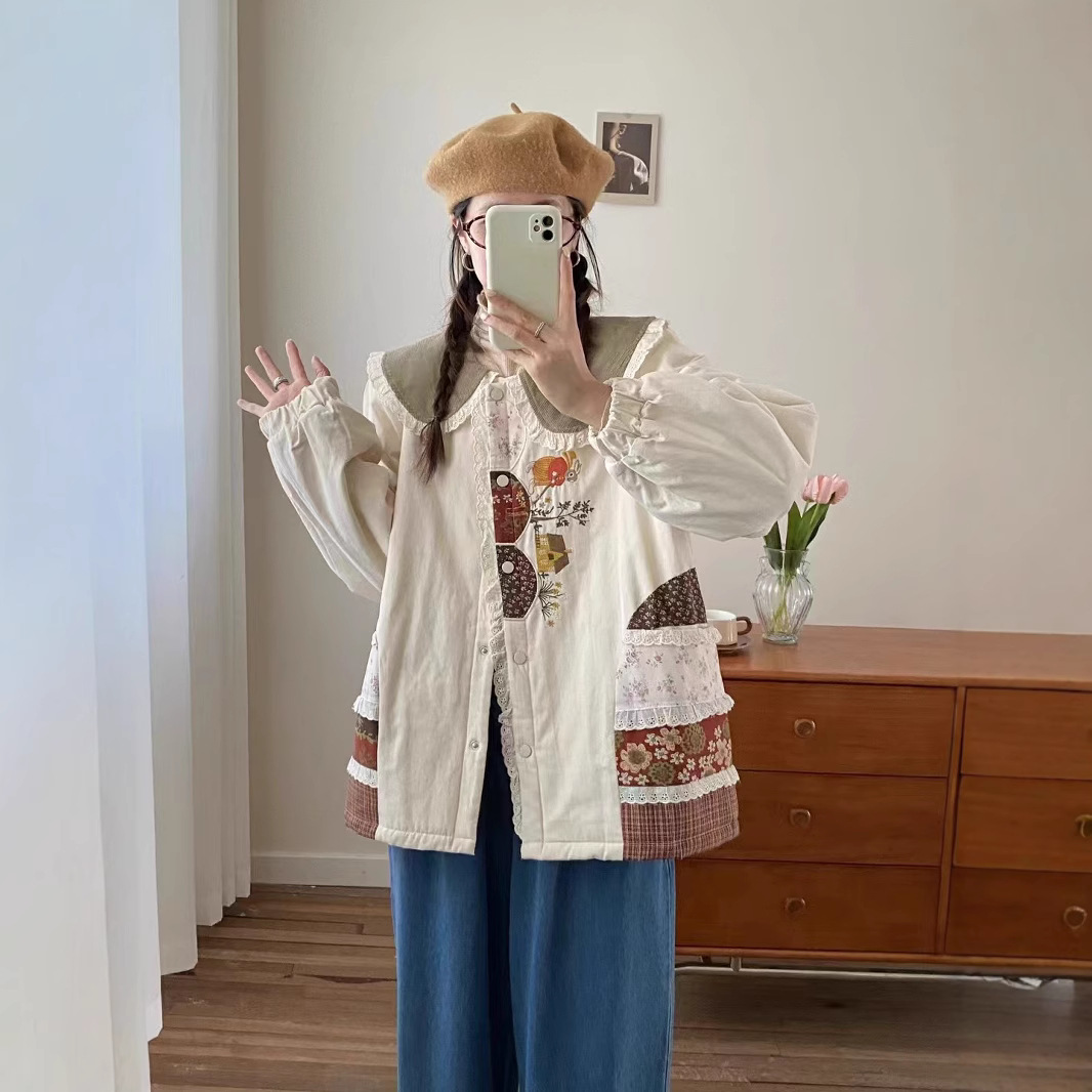 (2개) 2024 가을과 겨울 새로운 모리 귀여운 코튼 패치 자수 인형 칼라 긴 소매 면화 방한면 패딩 코트