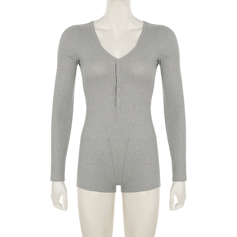 Autumn Winter Women Clothing Solid Color Buttons Deep V Plunge neck Sexy Sports Workout Long Sleeve Romper