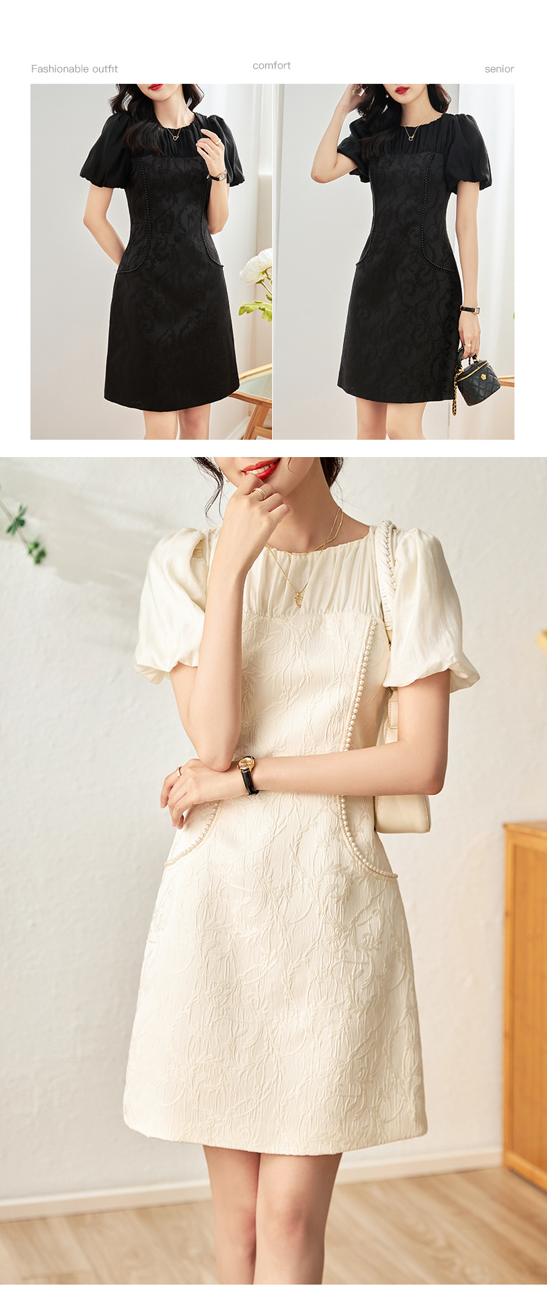 Đầm maxi nữ thắt eo phong cách dân tộc, phù điêu jacquard đính hạt satin — Màu đen chi tiết 11