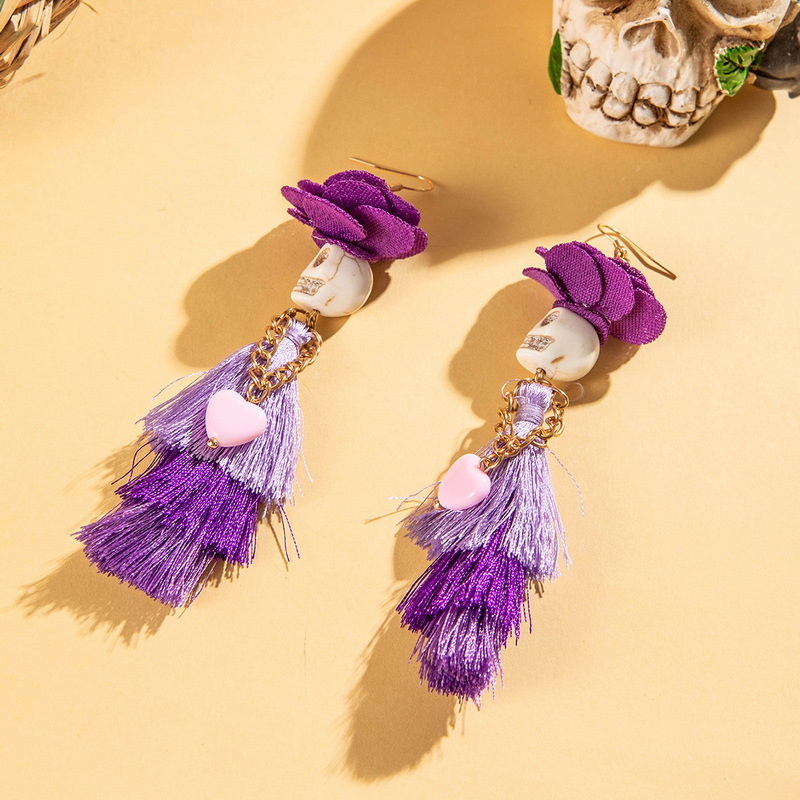 27g Weight Alloy Ear Needle Material Drop Earrings Classification 1 Pair Quantity Holiday, Daily Occasion Alloy, Resin Material Halloween Festival Tassel, Skull Pattern Women's Gender Plating Design Elegant, Streetwear Style 1 Pair Halloween Elegant Streetwear Tassel Skull Plating Alloy Resin Drop Earrings 23