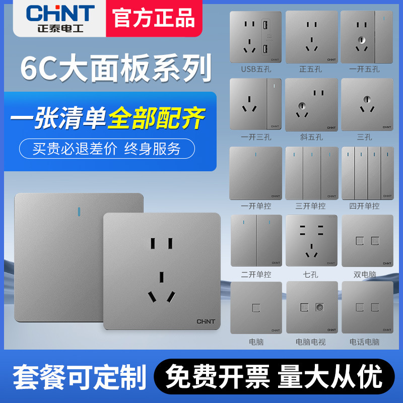 Chint Switch and Socket Wholesale for Home Use, 86 Type Concealed New 6C Five-Hole, Five-Hole, Three-Hole 16A Wall-Mounted Silver-Gray Large Panel