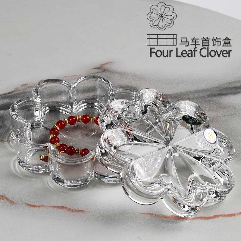 Czech Bohemia Crystal Glass Four-Leaf Clover Candy Jar Gold Diamond Beads Jewelry Ornaments Storage Box