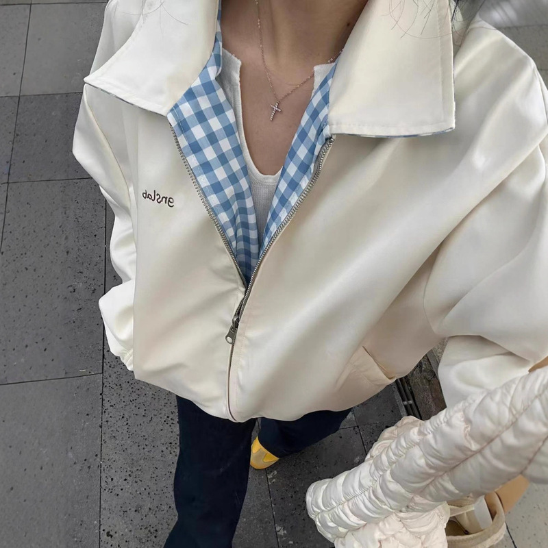 大码复古格子两面穿翻领外套女春秋款宽松休闲百搭双面穿夹克上衣|undefined