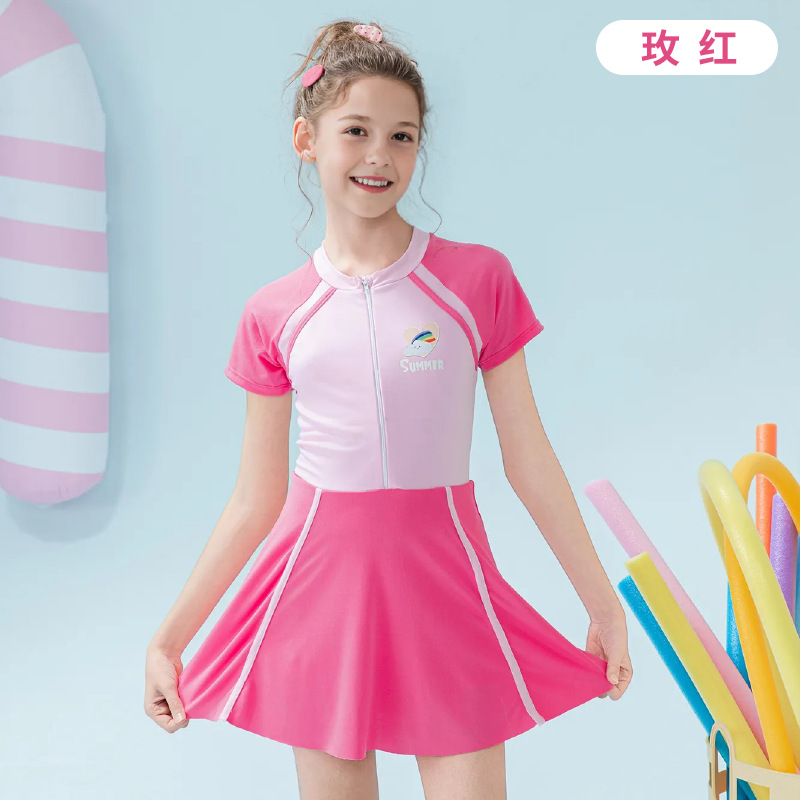 Traje de baño para niños 2025 nueva falda de una pieza a juego de color para niñas, protector solar, traje de baño profesional de aguas termales para niñas de secundaria