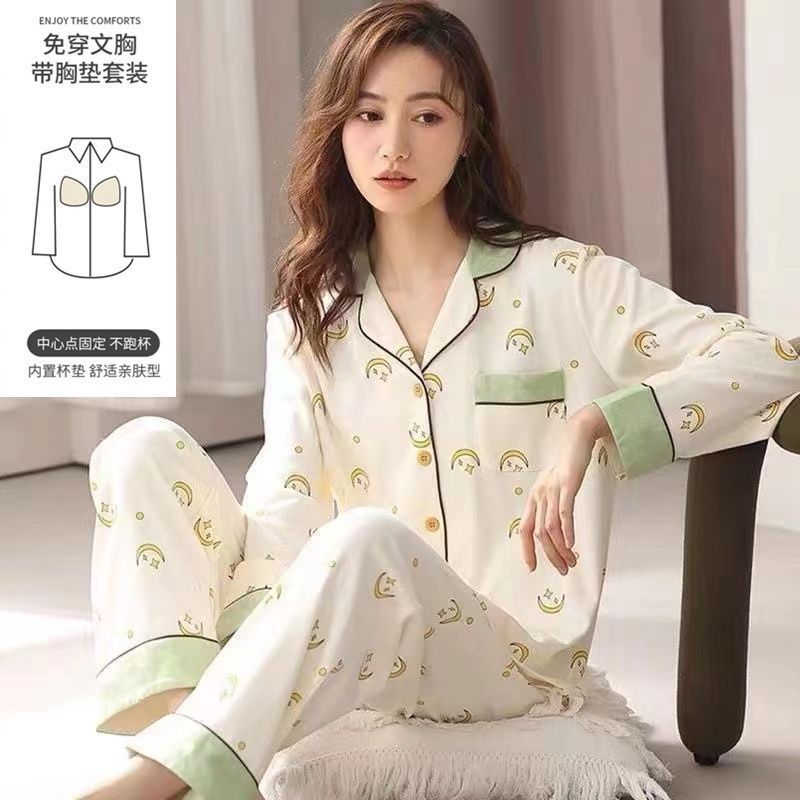 Pijama con cojín de pecho para mujeres primavera y otoño mangas largas 2023 nuevo conjunto de ropa de casa de otoño para mujeres