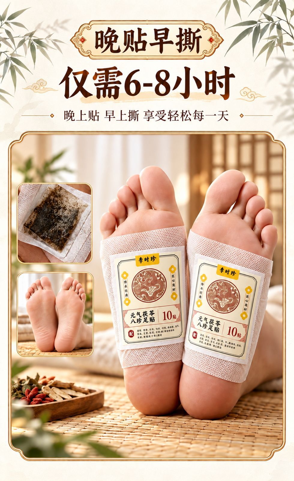 Fu Ling Ba Zhen Herbal Foot Patches 30 Patches per Box with Mugwort and Ginger for Foot Wellness key features