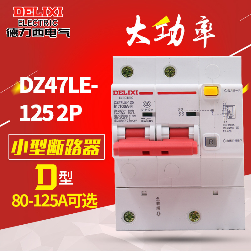 德力西电气大电流漏电保护器100A漏电空开DZ47LE-125 2P 80A 125A
