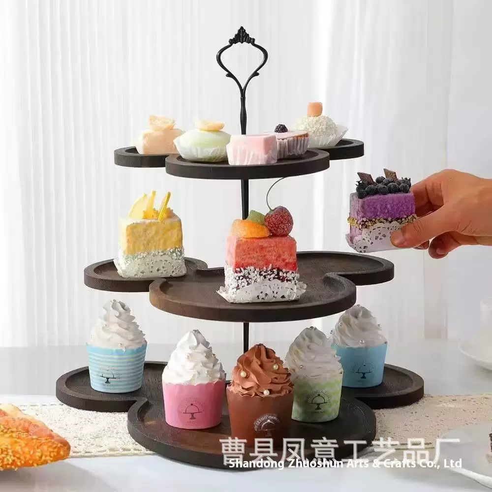 新款创意木质托盘三层米奇造型实木展示托盘家用餐厅木制点心盘