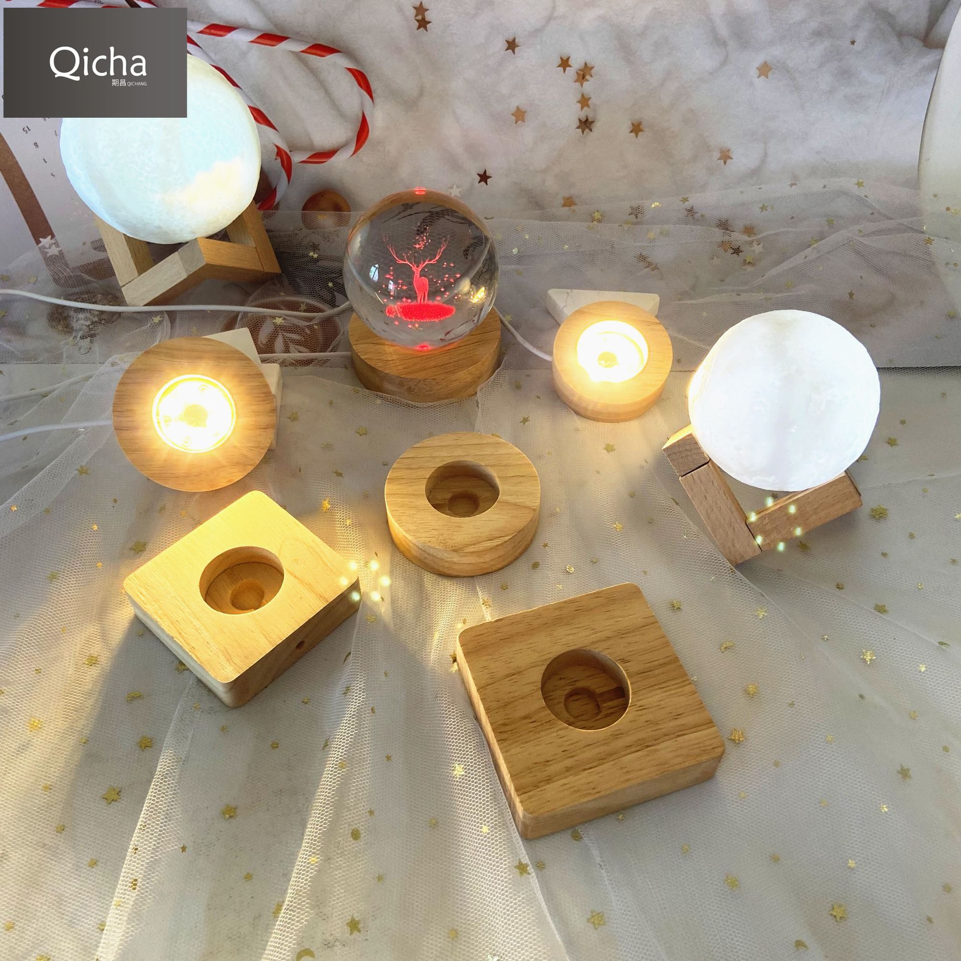 Kauçuk ahşap aydınlık kristal taban USB arayüzü 5V anahtarı aydınlık taban gece lambası masif ahşap yuvarlak lamba tutucu