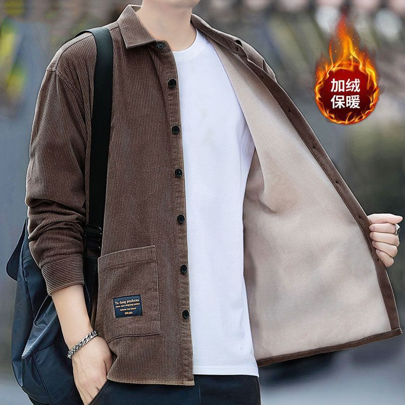 Autumn and Winter Style Fleece-Lined Warm Corduroy Jacket for Men, Loose Fit, Versatile Workwear, Multi-Pocket Shirt, Jieyang Puning Long Sleeve
