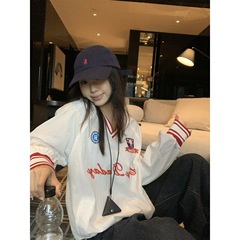 现货实拍~秋季美式慵懒风印花撞色长袖宽松T恤不V领宽松球服上衣