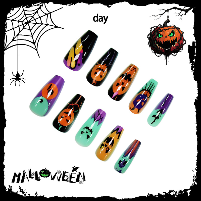 夜光万圣南瓜欧美穿戴甲跨境美甲甲片穿戴甲批发pressonnails甲片|undefined