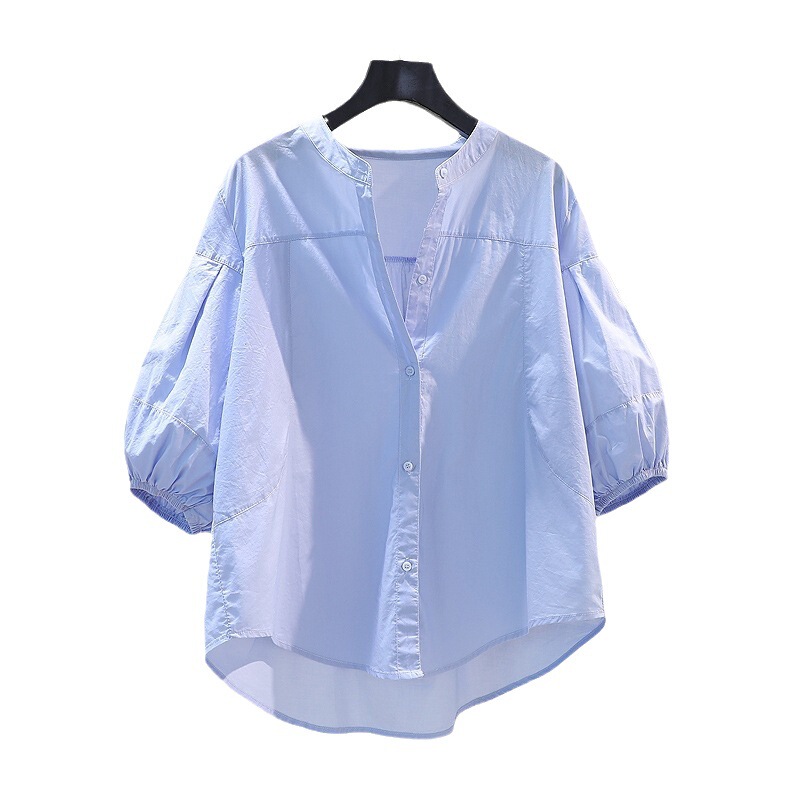 Summer Versatile Top Light Blue Stand Collar Lantern Sleeve Shirt Women's Korean Style Small Fresh Loose Casual Shirt Summer Versatile Top Light Blue Stand Collar Lantern Sleeve Shirt Women's Korean Style Small Fresh Loose Casual Shirt